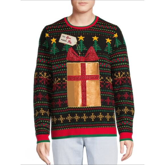Men's Ugly Christmas Sweater Gold Gift Bag Front Pocket Size 3XL Holiday Time - Picture 1 of 10
